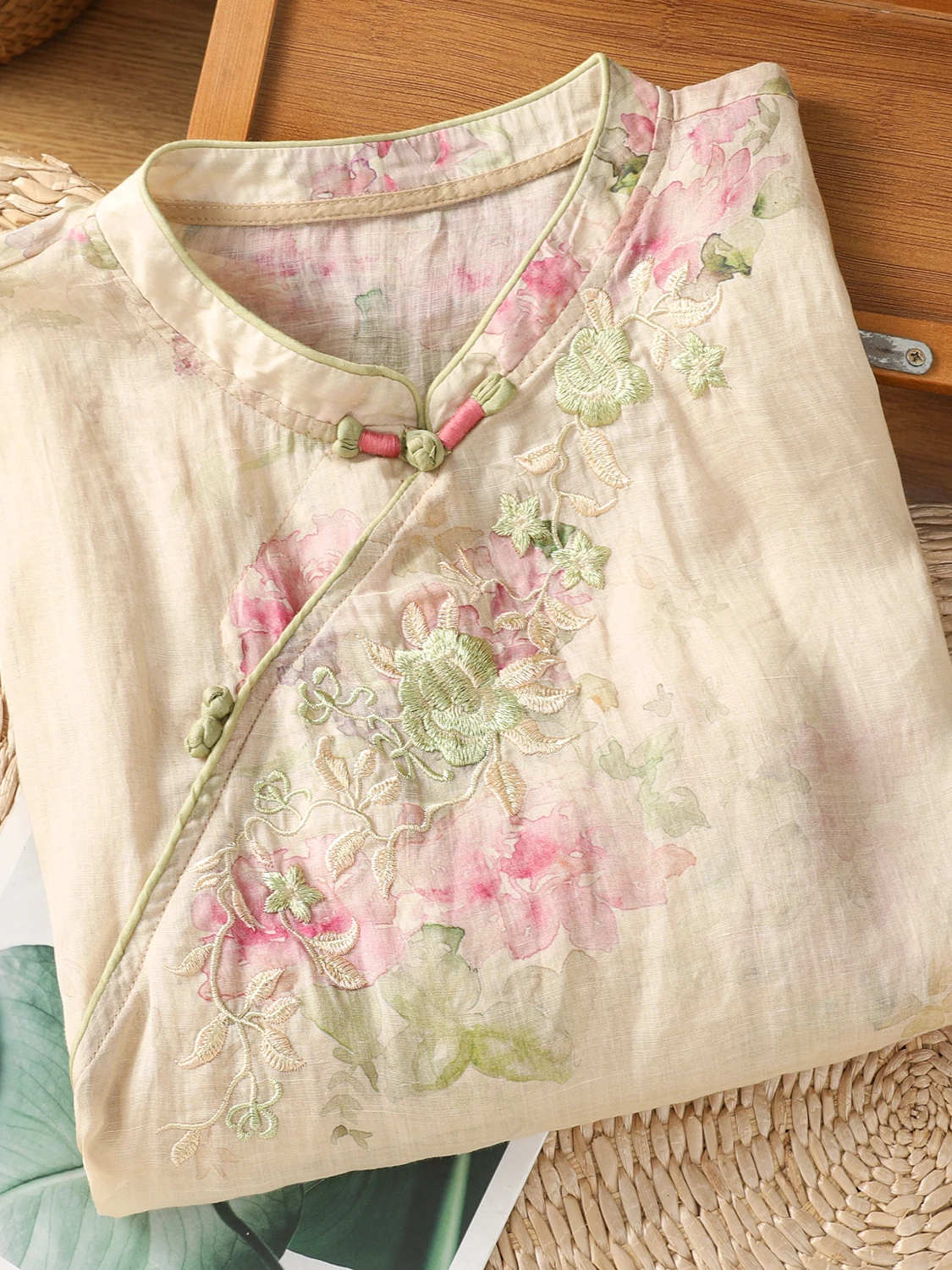 Sottile cotone e lino irt da donna di grandi dimensioni Five Sve stampato colletto alla coreana costume da tè bottone superiore artistico casual estivo