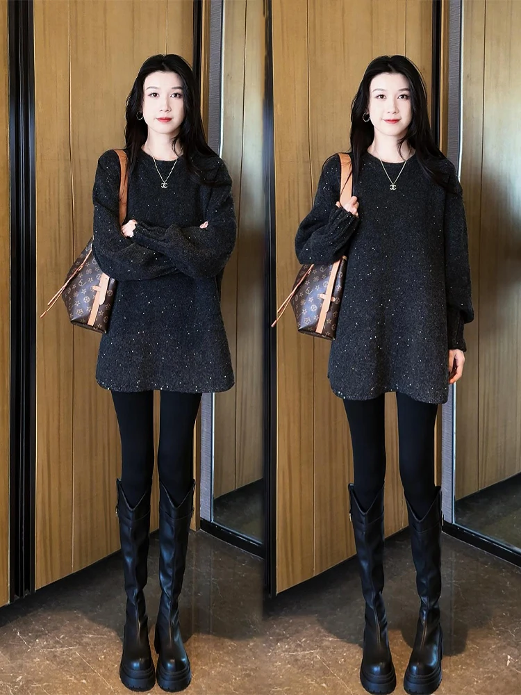 

Зима 2024, женский свободный сверкающий свитер больших размеров, скрывает ботинку, вязаный топ iny Lazy Sle, большие размеры Faion