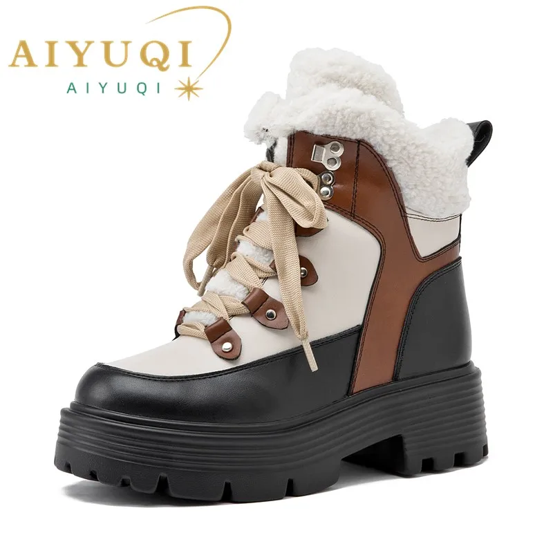 AIYUQI Women Snow Boots Genuine Leather 2024 New Platform Winter Women Ankle Boots Large Size Warm Lace-up Women Marton Booties