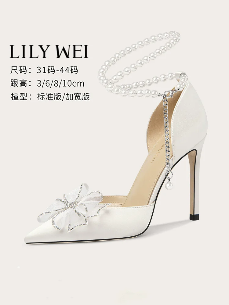 

Summer new pointed sequin pearl rhinestone butterfly wedding shoes thin high-heeled banquet large size small size women's sandal