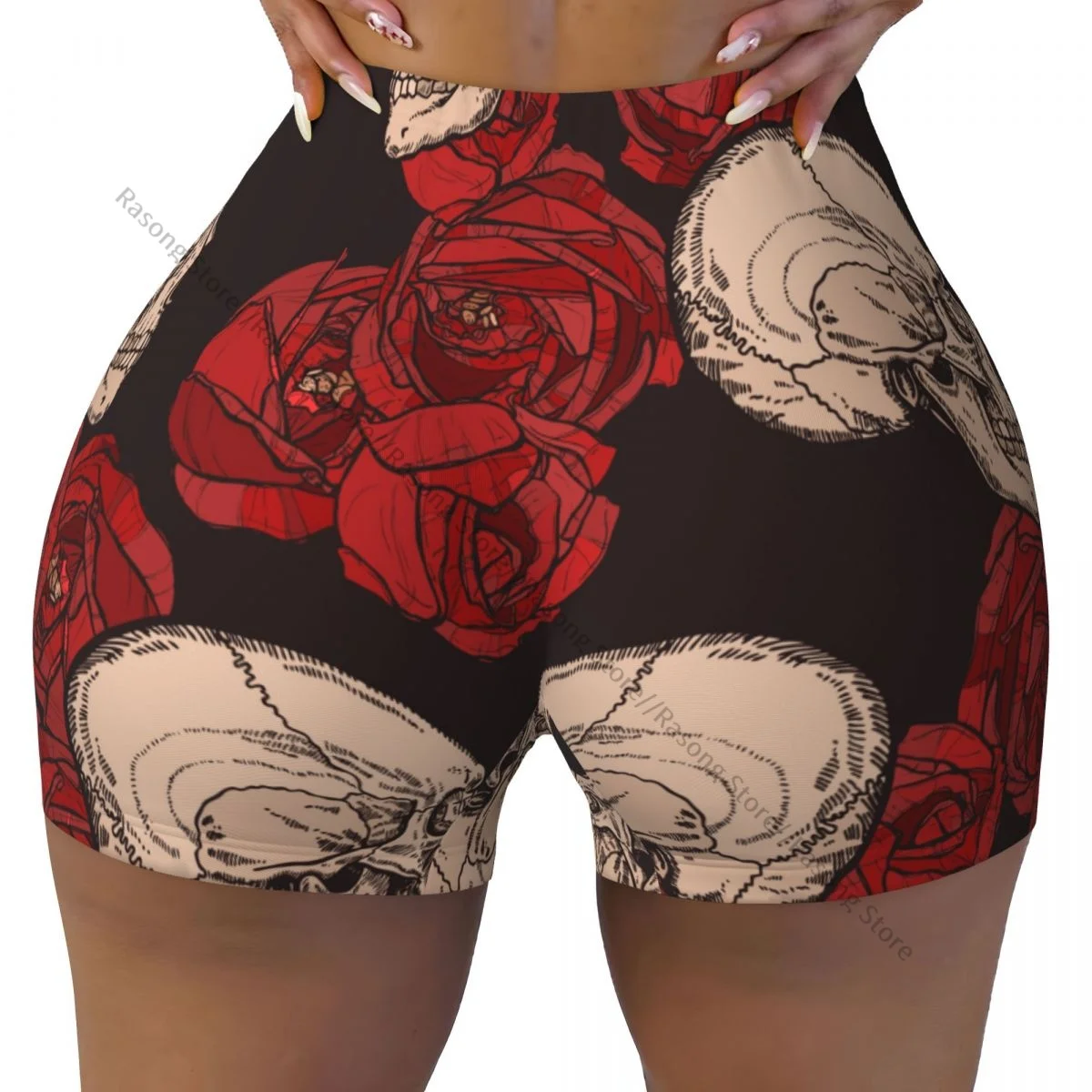 Sexy tight hip sports shorts Gothic Pattern With Skulls And Red Roses fitness women's comfortable yoga shorts