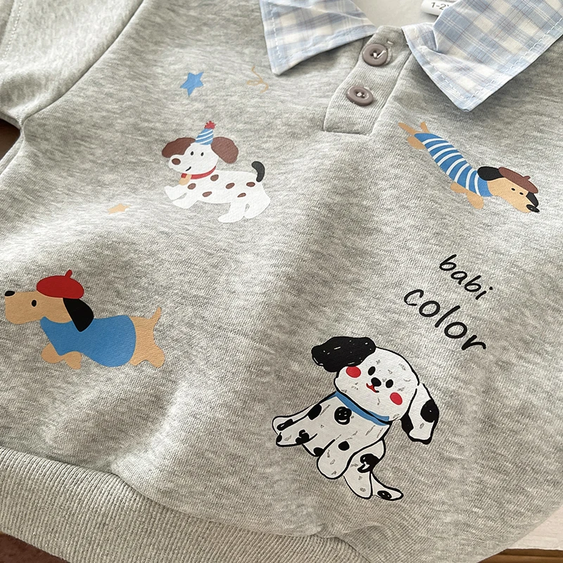 2-teiliges Kleidungsset für Jungen, künstlich zweiteiliger, kariertes Polo-Sweatshirt mit Cartoon-Hund-Aufdruck + Jeanshose mit elastischem Bund, Frühling – Detail 6