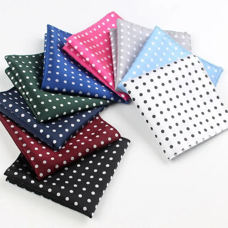 Versatile Elegant Soft 23CM Pocket Square White Dots Polyester Handkerchiefs for Man Business Wedding Banquet Host Dress Hanky