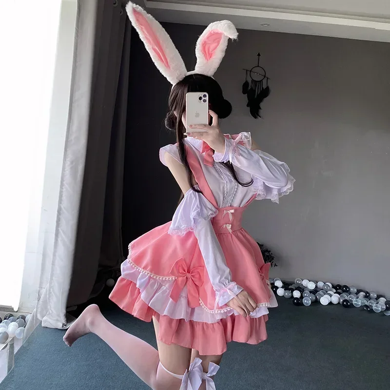 Sweet Pink Lolita Dress Japanese Kawaii School Girl Maid Cosplay Costumes Lolita Bunny Role Play Halloween Waitress Uniform 2024