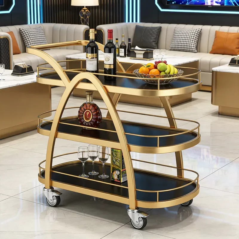 Modern Golden Metal Hotel Banquet Bar Cart Three-layer Rolling Beverage Service Cart Suitable for Restaurant Wedding Events