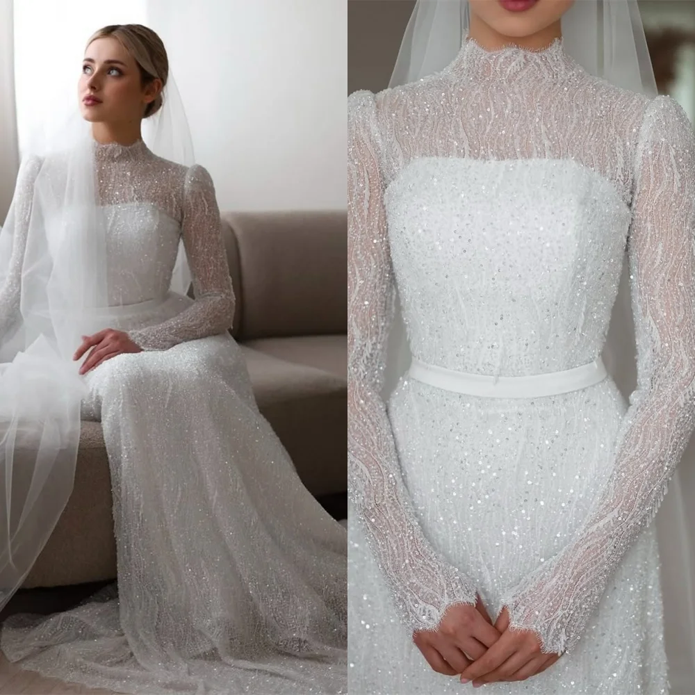 맞춤 제작 고품질 화이트 오간자 브라이덜 가운, 우아한 크루넥 긴팔 스팽글 웨딩드레스, 채플 트레인 드레스