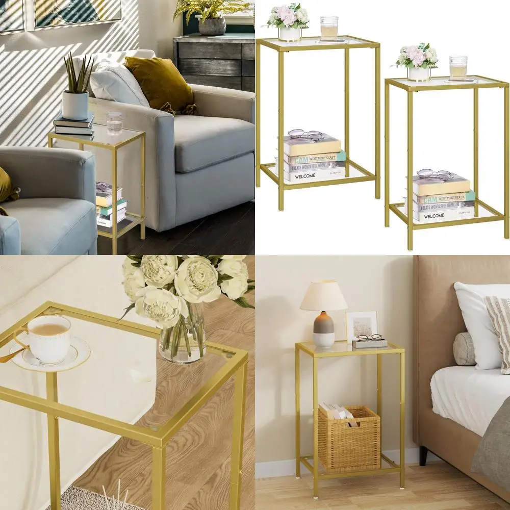 

Modern 2-Piece Glass End Table Set with Storage, Slim Design for Living/Bedroom, 11.8x15, Golden