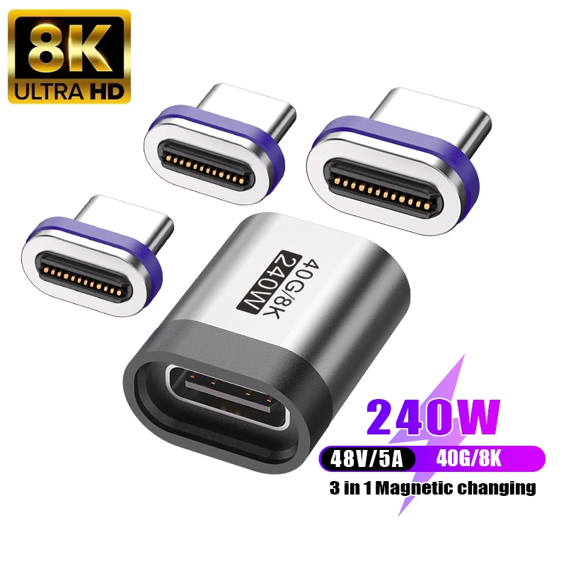 USB4.0 Type-C to Type-C 240W Magnetic Adapter 24Pin Thunderbolt 3/4 Fast Charge Magnet Converter Cable 8K@60Hz USB-C OTG Adapter