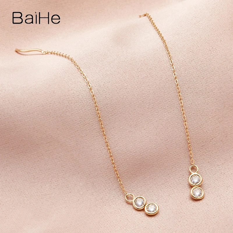 BAIHE Solid 14K Yellow Gold H/SI Natural Diamond Long Earings Women Wedding Engagement Fine Jewelry pendientes mujer серьги