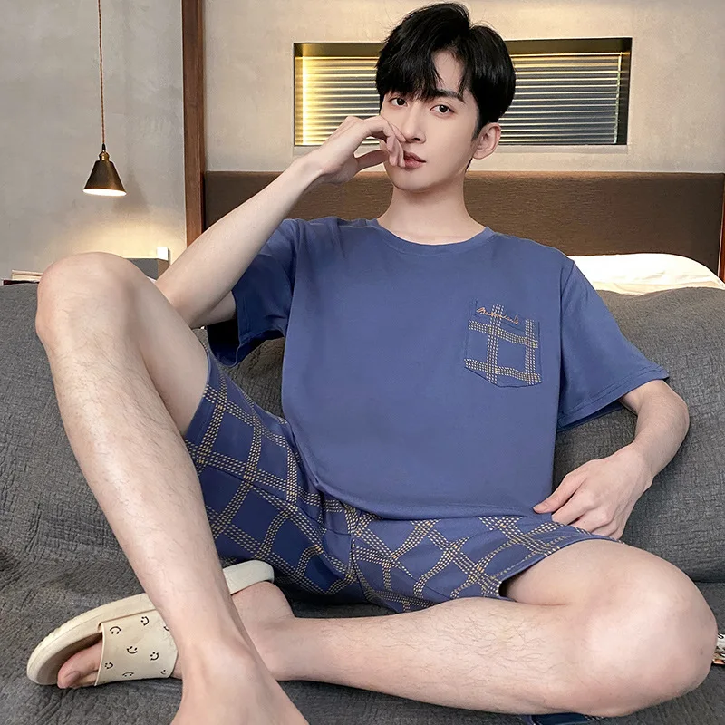 

Модный комплект мужской пижамы из хлопка: летний комплект с коротким рукавом и шортами в корейском стиле, свободный крой, большие размеры, повседневная домашняя одежда для отдыха на улице