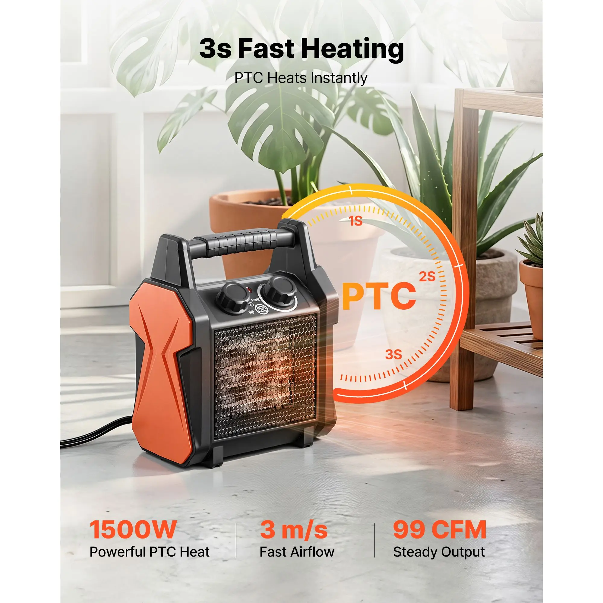 Greenhouse Heater, 1500W Electric PTC Space Heater with Fan, Low & High Heat Modes, Overheat Protection, Tip-Over Shut-Off, Portable for Grow Tent, Small Greenhouse, Flower Room, Home Office