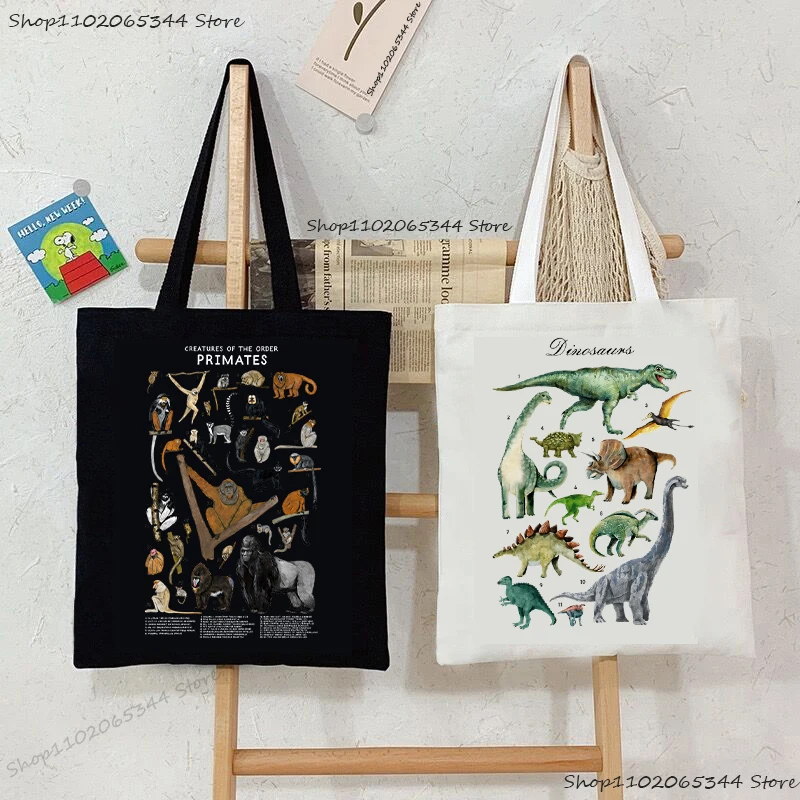 Primates Species Chart Tote Bag Watercolor Dinosaur Canvas Shopping Bag Vintage Animal Biology Student Gift Shoulder Bag Handbag