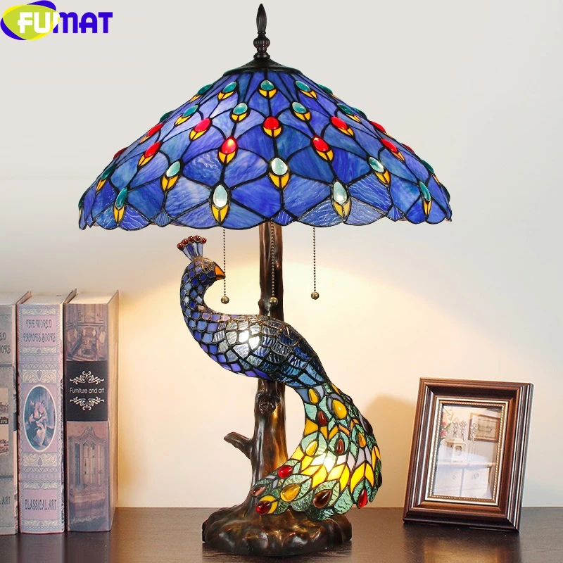 Tiffany Blue Peacock Table Lamp Stained Glass Retro Desk Lamp Study Hotel Villa Decor Table Light Bedroom Bedside Night Light