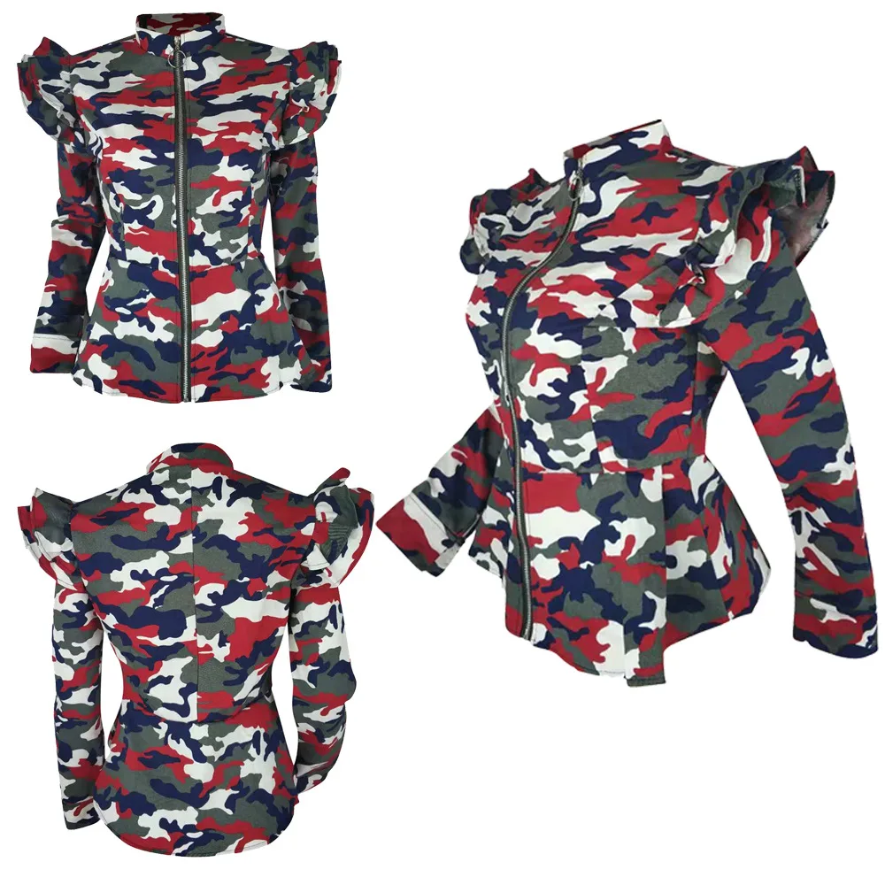 Plus Size Camouflage Jacket Women Clothes Spring Peplum Bomber Jacket Autumn Steetwear Long Sleeve Casual Camo Coats