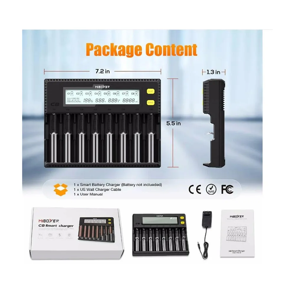 

MiBOXER Battery Charger LCD Display C8 18650 1.5A for Li-ion LiFePO4 Ni-MH Ni-Cd AA 21700 20700 26650 18350 17670 RCR123 18700