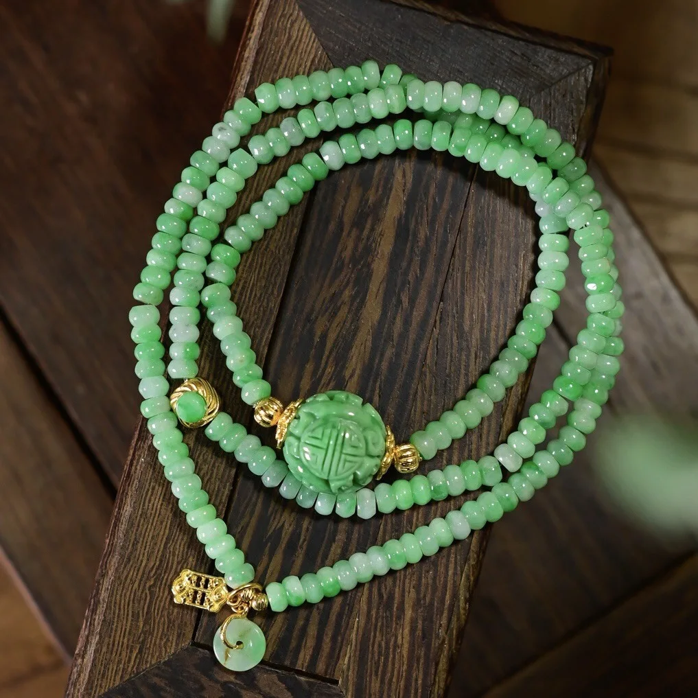 

A-Grade Green Jade Bracelet, Carved Blessing Beads & Peace Buckle Triple Strand, Chinese Luxury Style Jewelry Gift