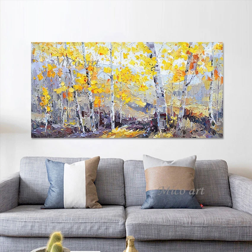 3D صورة جميلة مشهد الفني غير المؤطرة لوحات قماشية سهلة مجردة جدار الفن الأصفر ورقة شجرة سكين النفط اللوحة
