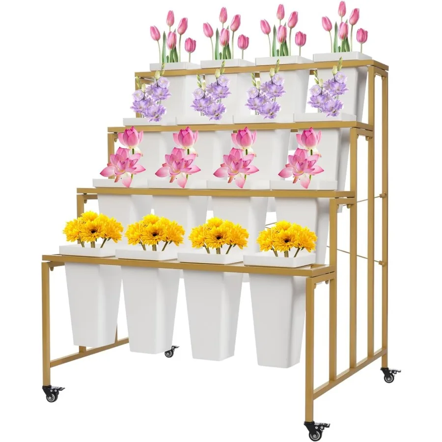 Flower Display Stand with Buckets, 4 Layers Metal Plant Stand with 16 Buckets, Moving Florist Bouquet Shelf for Fresh Flower Sh