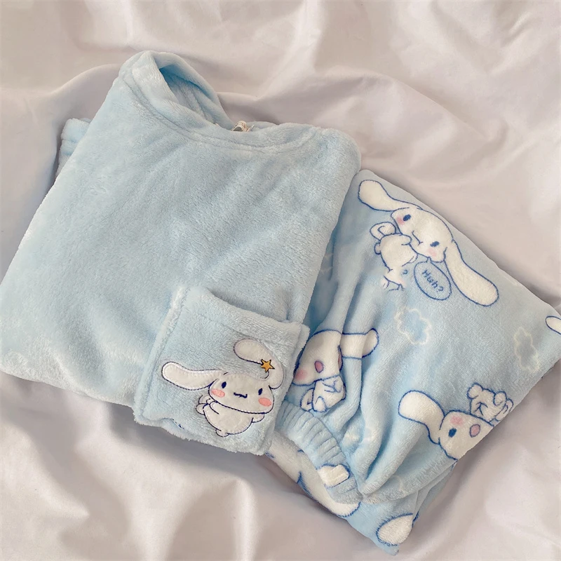 

Kawaii Women Plush Pajamas Set Cinnamoroll Sanrio Autumn Winter Home Clothes New Thicken Tops Pants Set Cute Cartoon Soft Girl