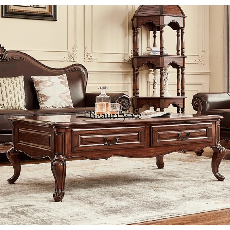 

American Style Solid Wood Coffee Table Living Room Furniture Full Solid Wood with Drawer Storage Coffee Table