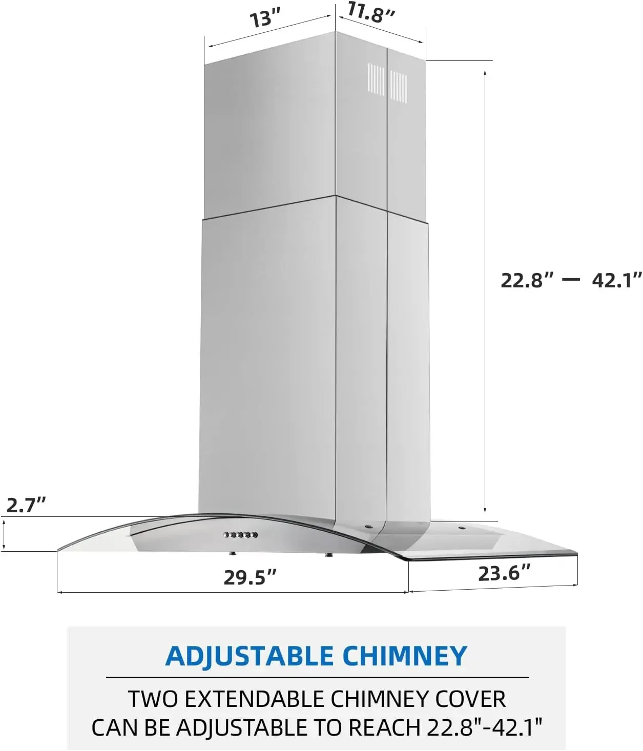 30 inch Island Range Hood Stainless Steel 700 CFM Push Button Control Kitchen Exhaust Ventilation Fan with 5-layer Mesh Filters
