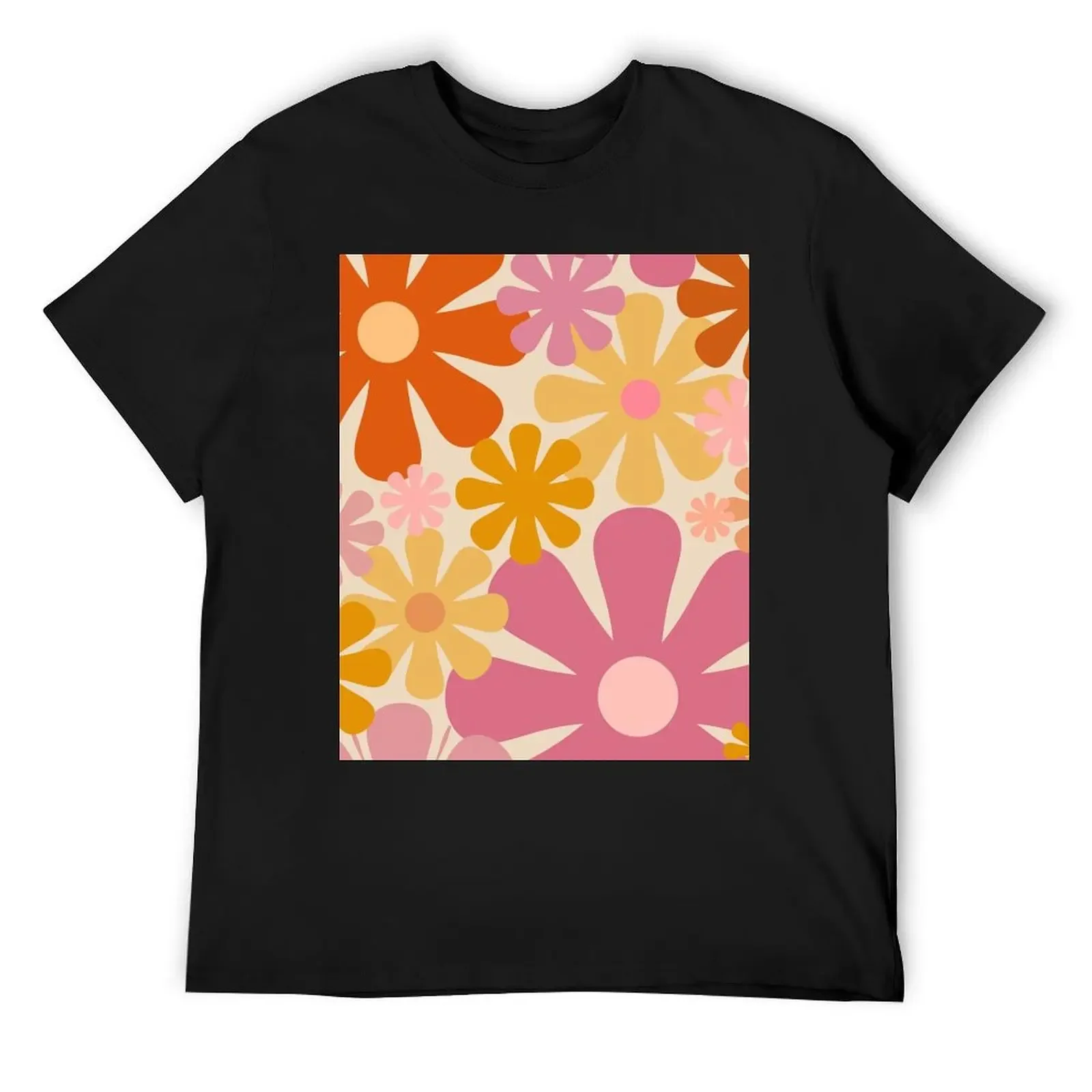 Retro 60s 70s Flowers - Vintage Style Floral Pattern in Thulian Pink, Orange, Mustard, and Cream T-Shirt