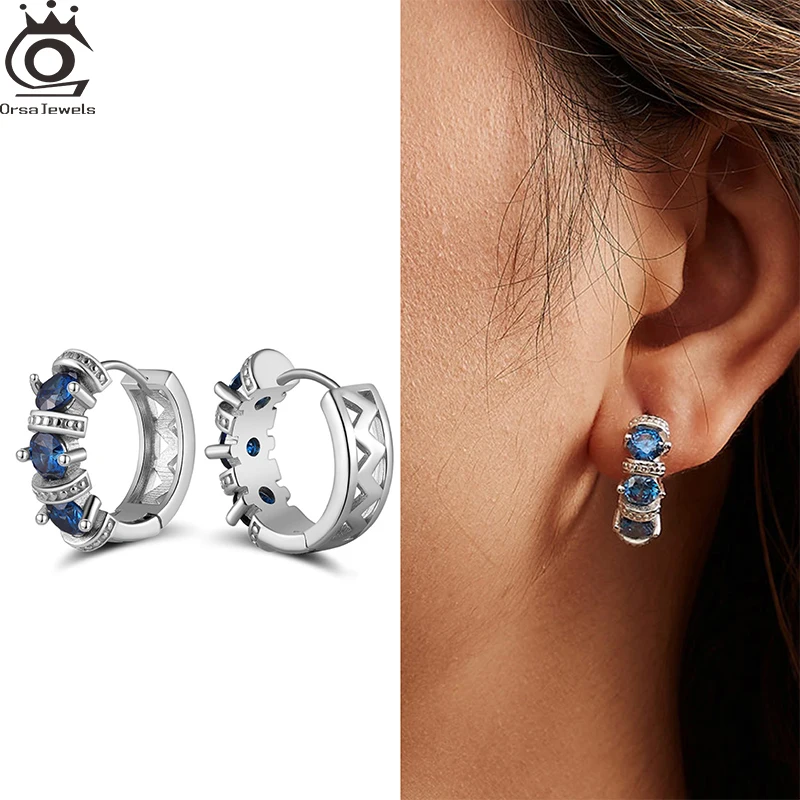 

ORSA JEWELS Created Sapphire Hoop Earrings with Genuine 925 Silver Rhodium Hoop Ear for Women Prong Setting Jewelry LZE48