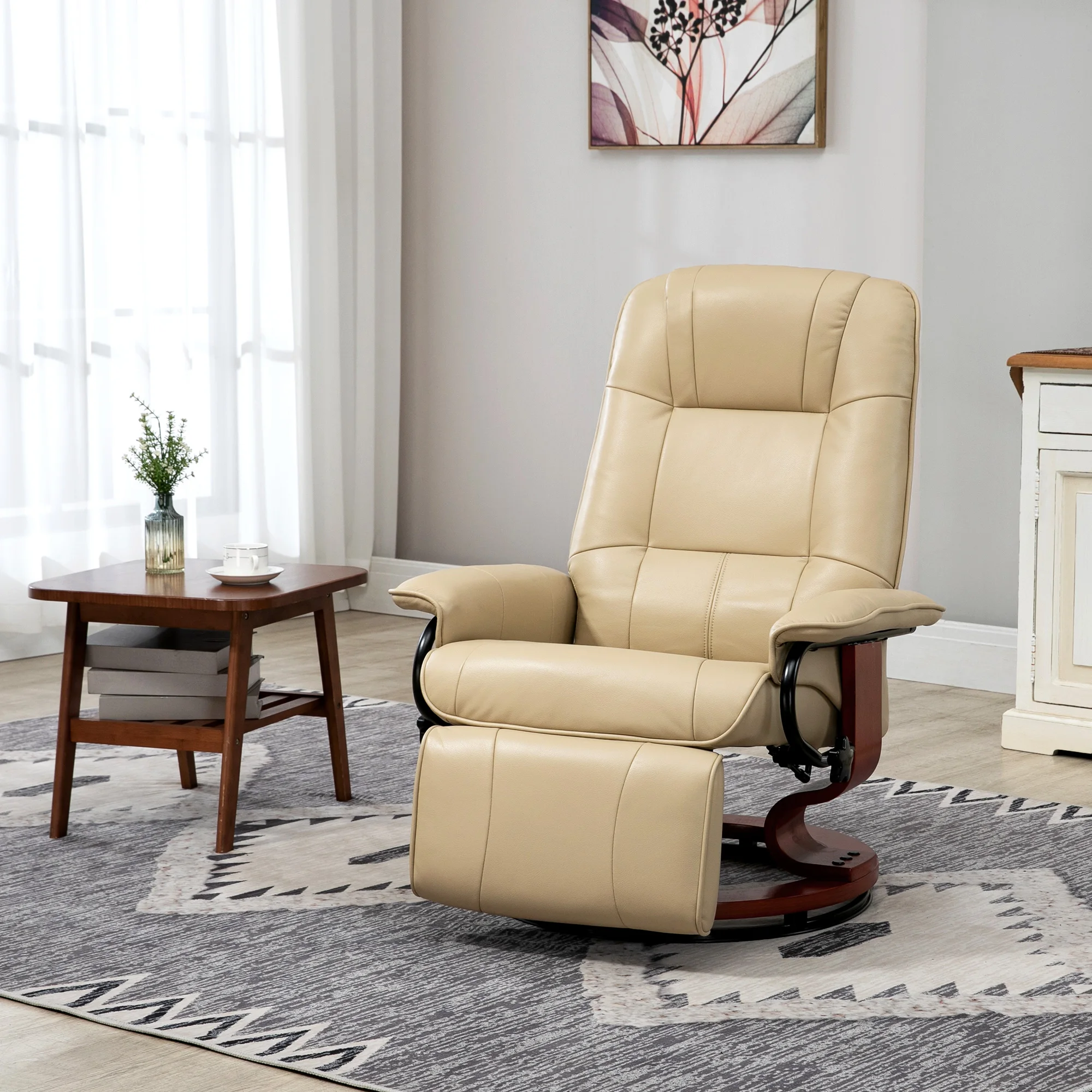 HOMCOM Swivel Recliner Chair, Air Leather Reclining Armchair with Retractable Footrest, Wood Base and Adjustable High Back for Small Spaces, Living Room, RV, Bedroom, Cream White