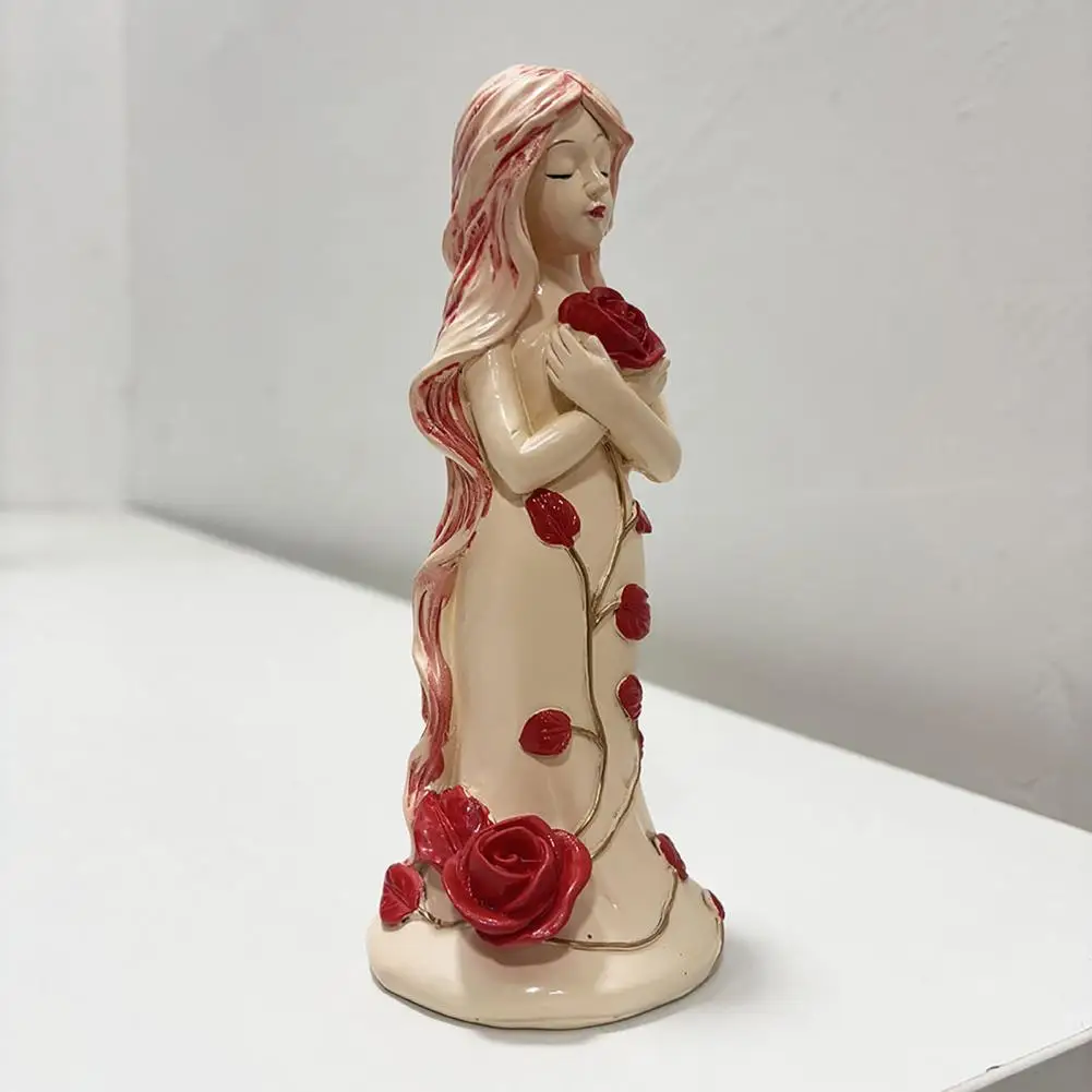 Mini Goddess Ornament Hugging Rose Goddess Statue Resin Figurine Rose Girl Sculpture Home Office Desktop Bookshelf Decoration