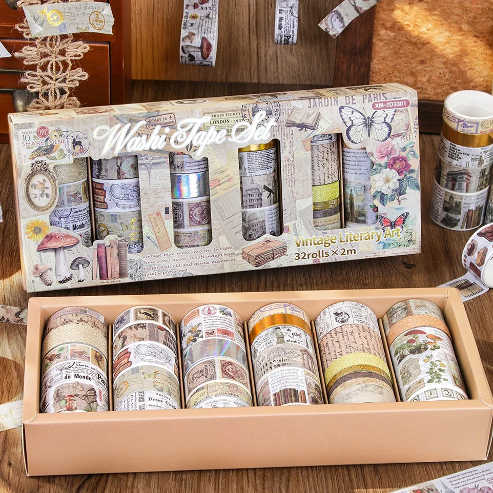 Vintage Art Washi Tape Set, Multi Size Plant Butterfly Pattern Decorative Masking Tape, 32 Rolls Per Box, 2m Per Roll