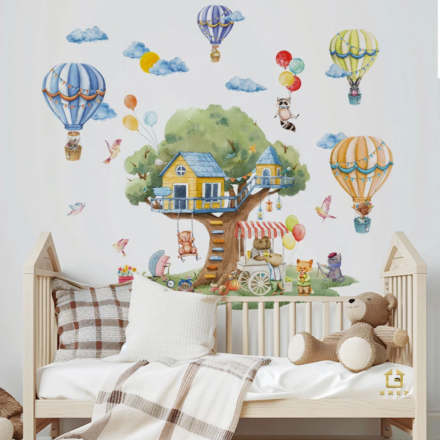 ملصقات جدارية على شكل شجرة كرتونية وحيوانات بالونات - ملصقات فينيل كبيرة قابلة للإزالة لديكور غرفة الأطفال وغرفة اللعب وغرفة الغابة الغريبة