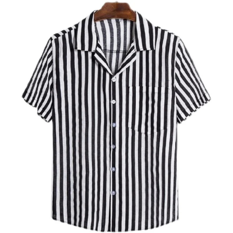 

Men's Cotton Linen irt Stripe Pattern Summer Faion ort Sve Stand Fit Printed No Iron Treaent Youth ular