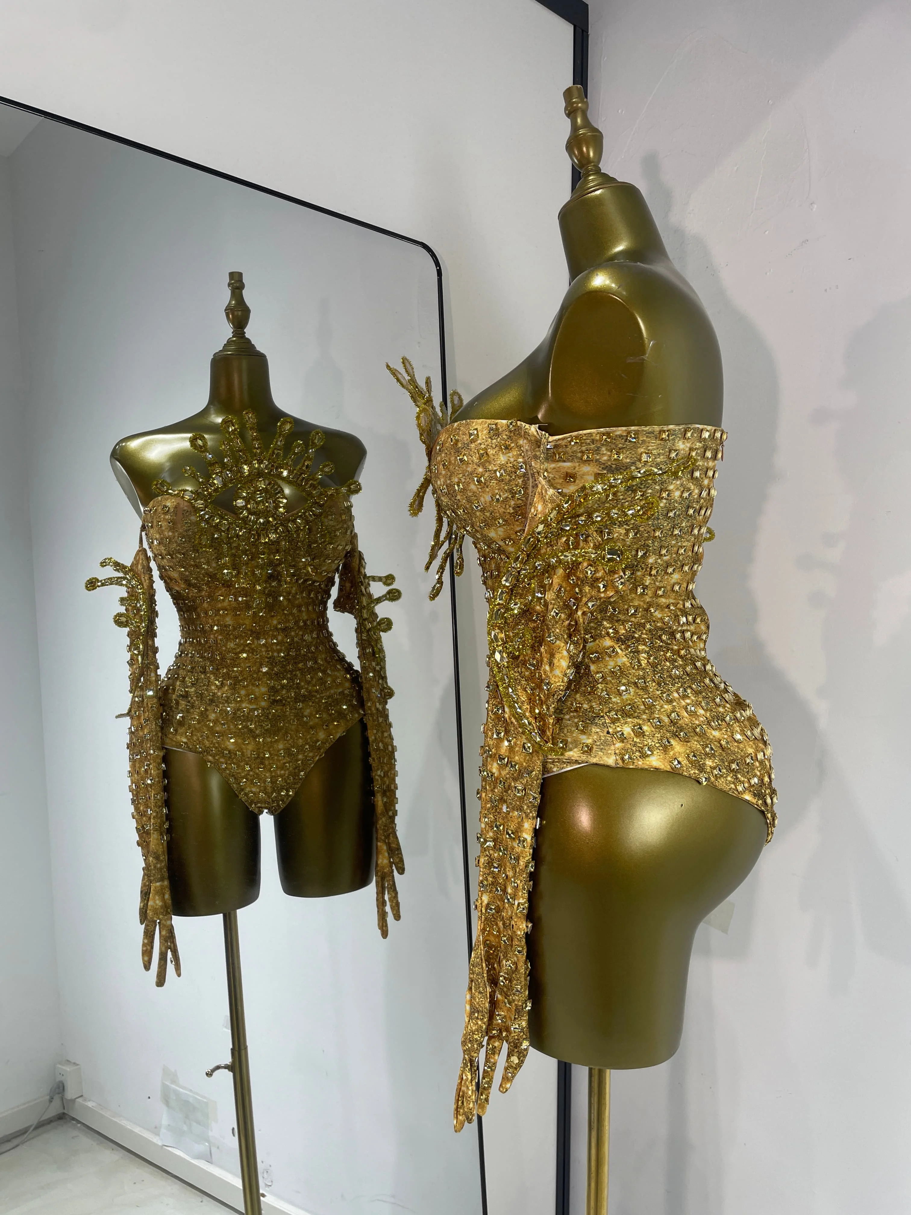 Real Photo Women Electric Music Festival Outfits Gold Big Eye Crystal Gloves Sleeve Thigh High Evening Costumes Adult Show Dress
