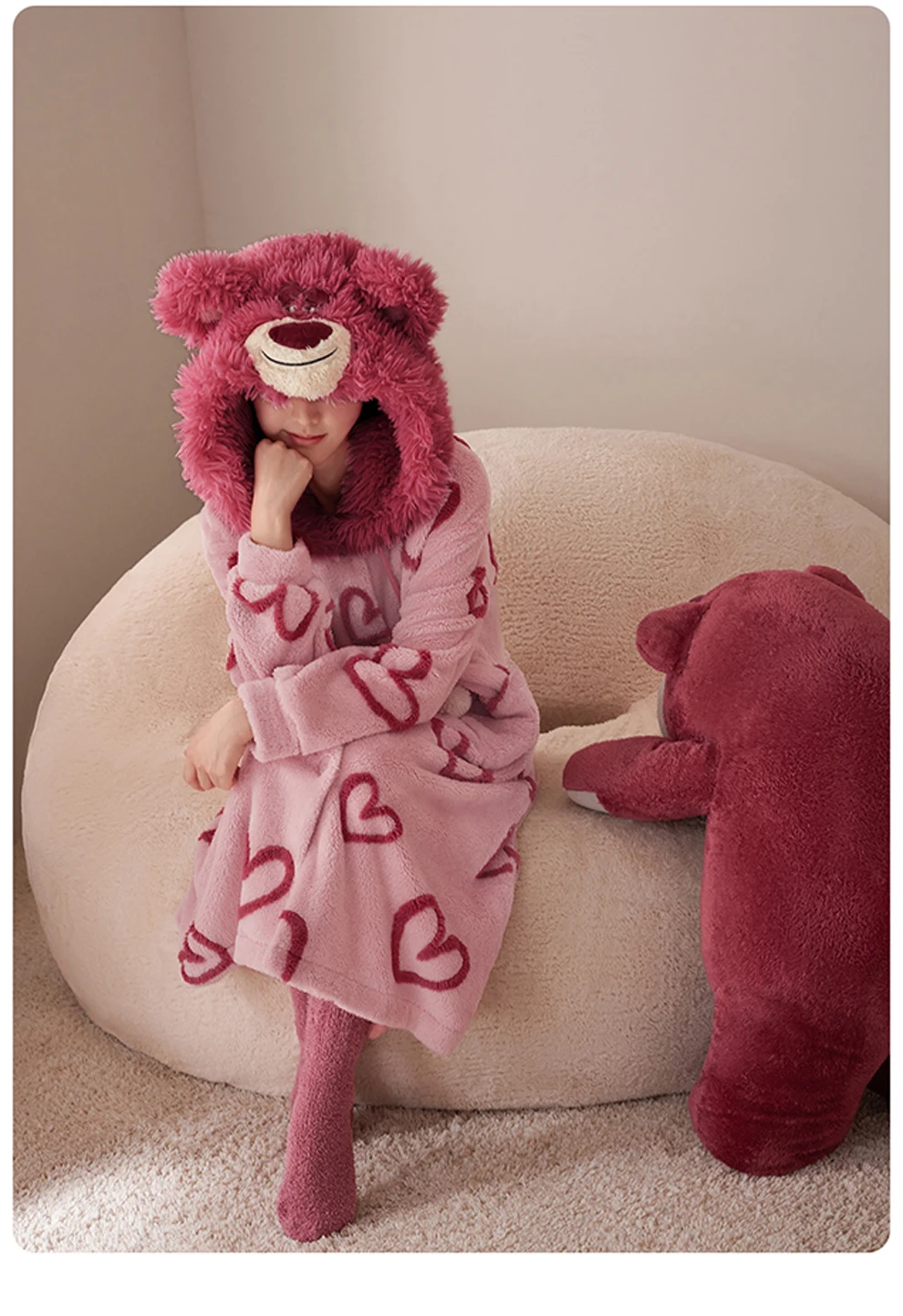 Bear Nightgown Women's Autumn and Winter Coral Fleece Cute Hooded Loungewear Thermal Pajamas Love Patterned Nightgown
