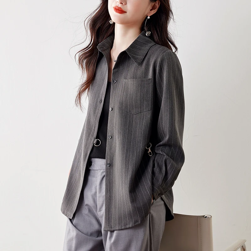 Camicetta da donna a righe manica lunga vestibilità ampia camicia stile francese con cravatta in vita top da donna streetwear moda