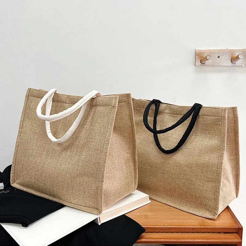 Vintage Women Shopping Bags Linen Tote Shopper Purses Large Summer Beach Handbags Portable Eco High Capacity Top Handle