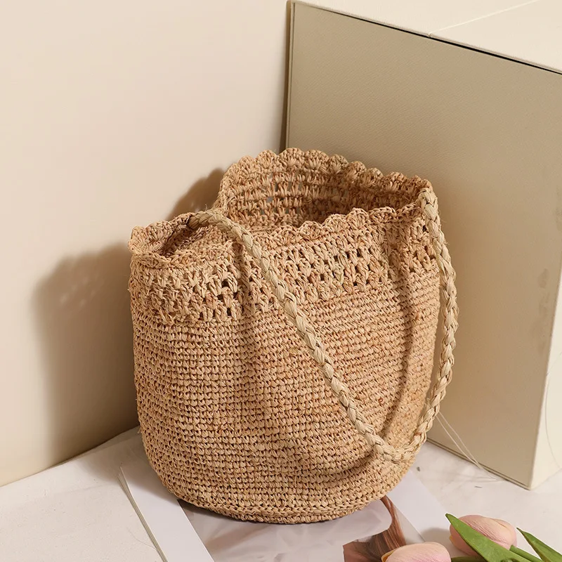 

Casual Natural Straw Handmade Hook Grass Bucket Bag Women's Seaside Vacation Shoulder Bag Summer Style Braided Bag