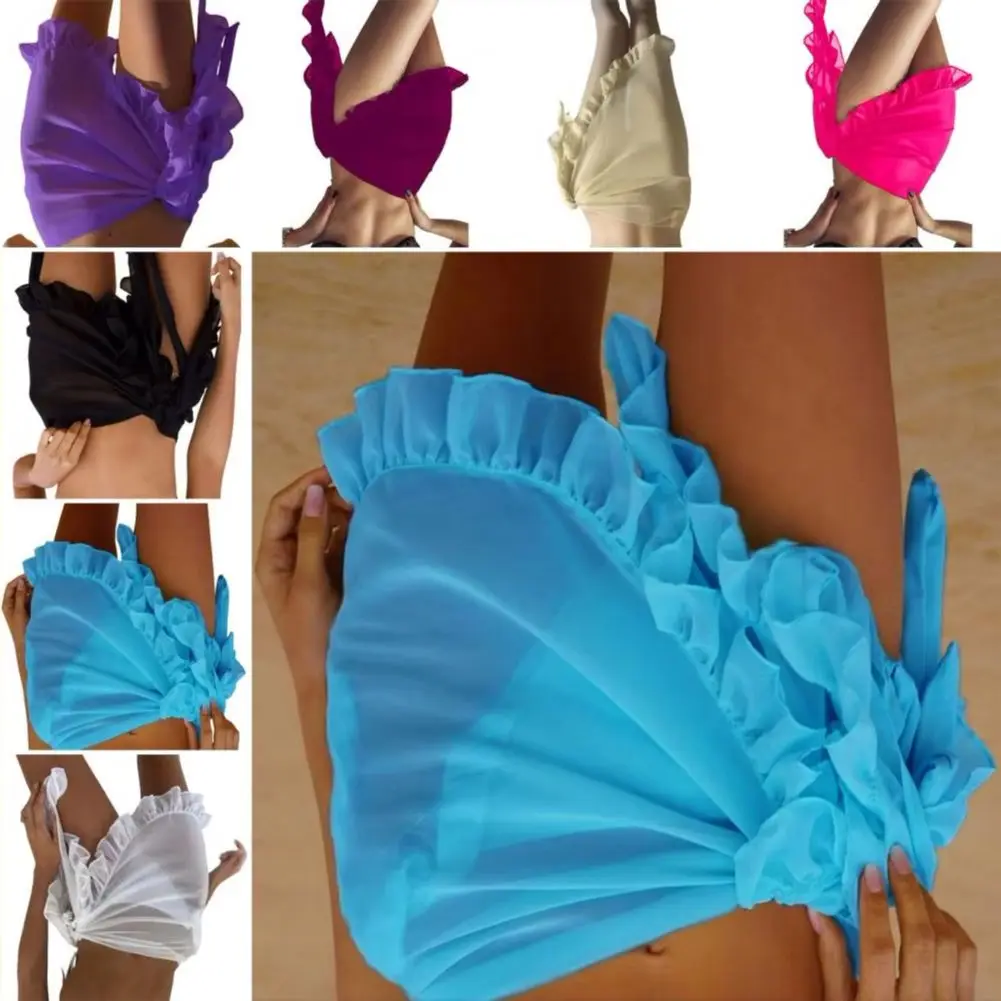 

Cover Up Skirt Pure Color Loose Fit Lace-Up Design Quick-Drying Bikini Cover Up Ruffle Trim Sun Protection Beachwear