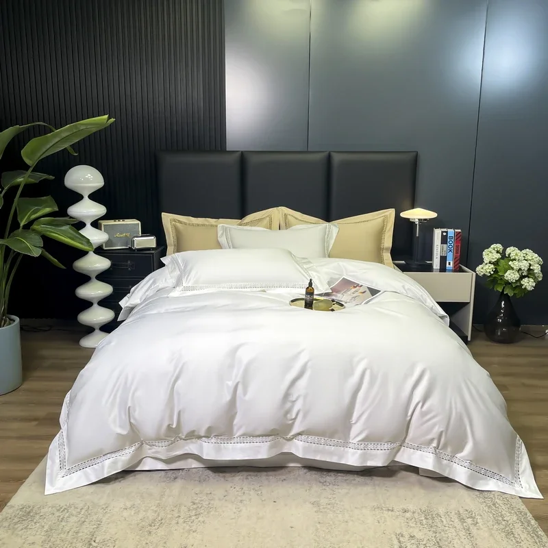 4Pcs Luxury 1000TC Egyptian Cotton White Hotel Style Bedding Set Hollow Wide Edge Duvet Cover Bed Sheet Fitted Sheet Pillowcases