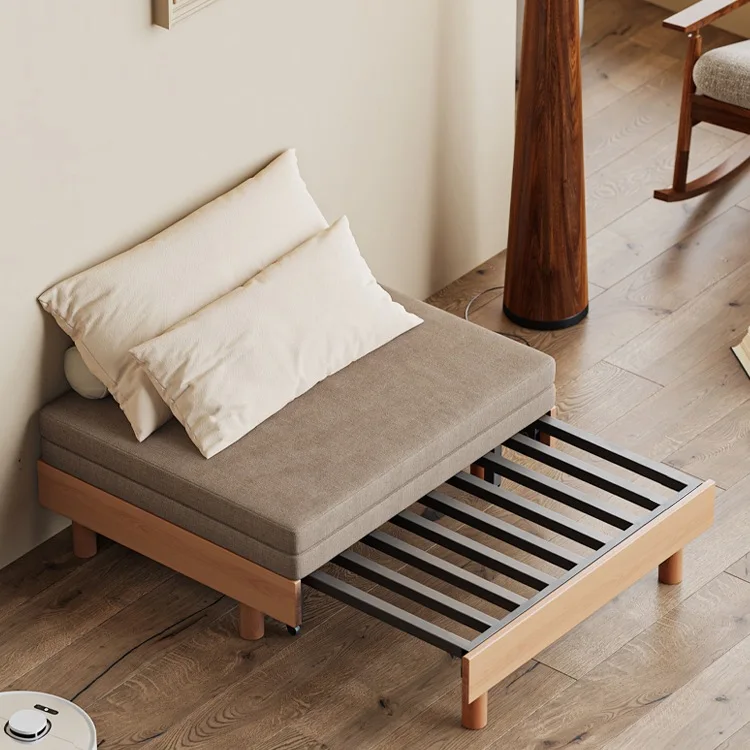 Solid wood pull-out sofa bed, small apartment sliding multifunctional dual-use sofa bed, single tatami folding and telescopic
