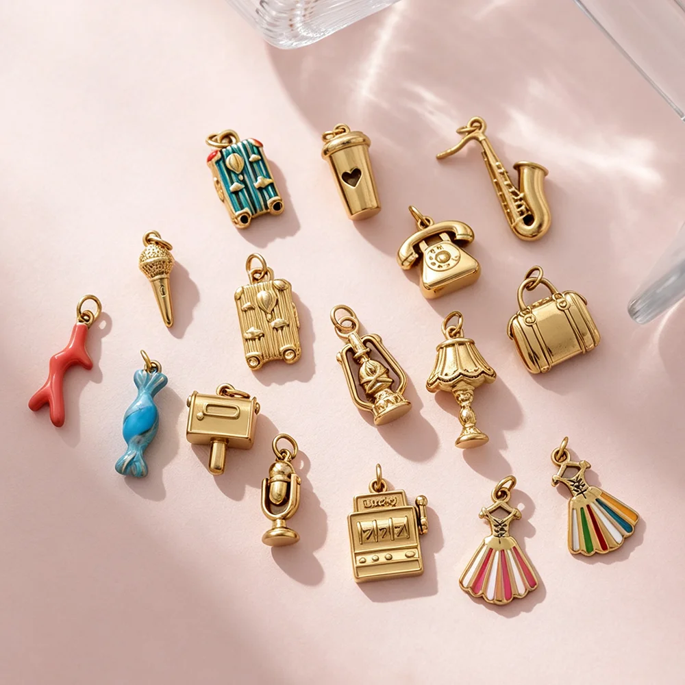 Stainless Steel Enamel Charms Retro Travel Music Figure Pendants Golden Color For DIY Bracelet Necklace Jewelry Making Findings