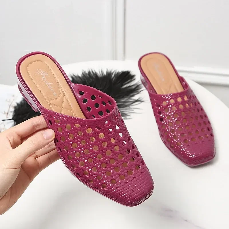 Summer Women Hollow Out Slippers Square Head Mom Shoes Cool Slippers Work Shoes Casual Style Black Red Wine Red Pvc Material