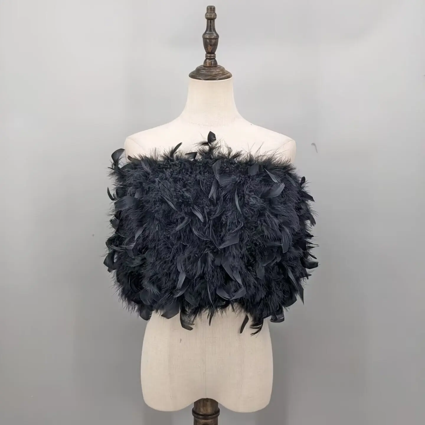 Women Black Real Feather Tube Top Off Shoulder Strapless Crop Top Fluffy Bustier Wedding Party Banquet Clubwear 23A0831