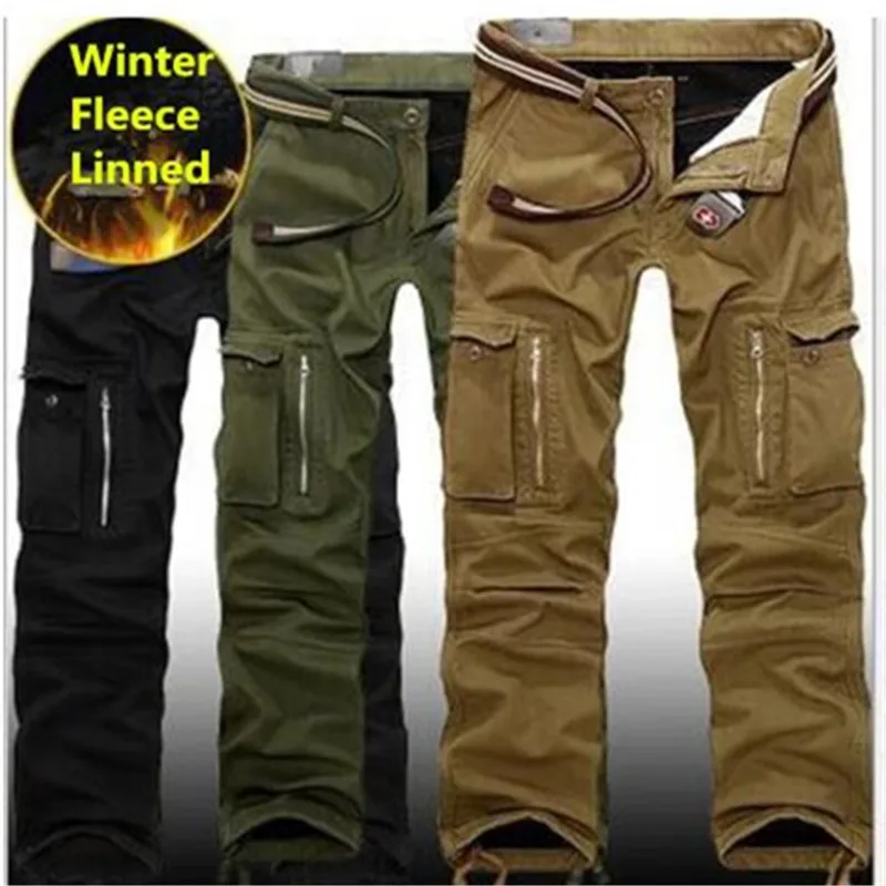 Men Fleece Cargo Pants Winter Thick Warm Pants Full Length Multi Pocket Casual Military Baggy Tactical Trousers Plus size 28-44