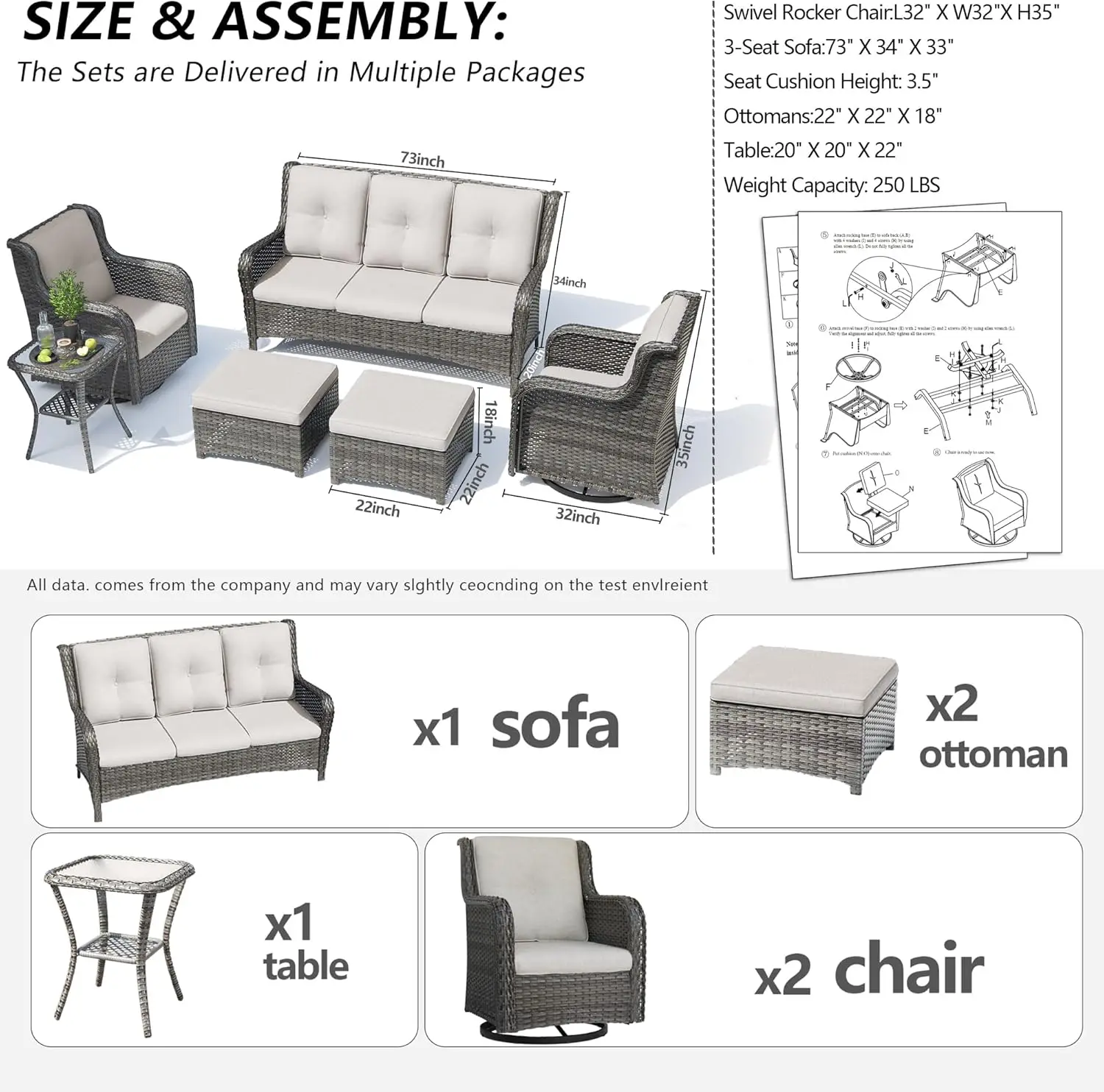 Wicker Patio Furniture Set 6 Piece Set with 1 Three Seat Sofa 2 Swivel Rocker Chairs 2 Ottomans and 1 Side Table Outdoor