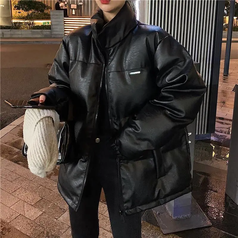 

New Faux Leather Jacket Women Puffer Parka Black Bright Color Thick Korea Winter Fall Pu Oversized Coat Female Outerwear