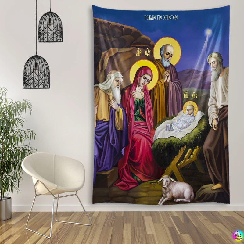 Christmas Tapestry Nativity Scene Wall Hanging Jesus Angel Easter Wall Decor Christ Tapestries Birth Manger Krippen Decoration - Image 5