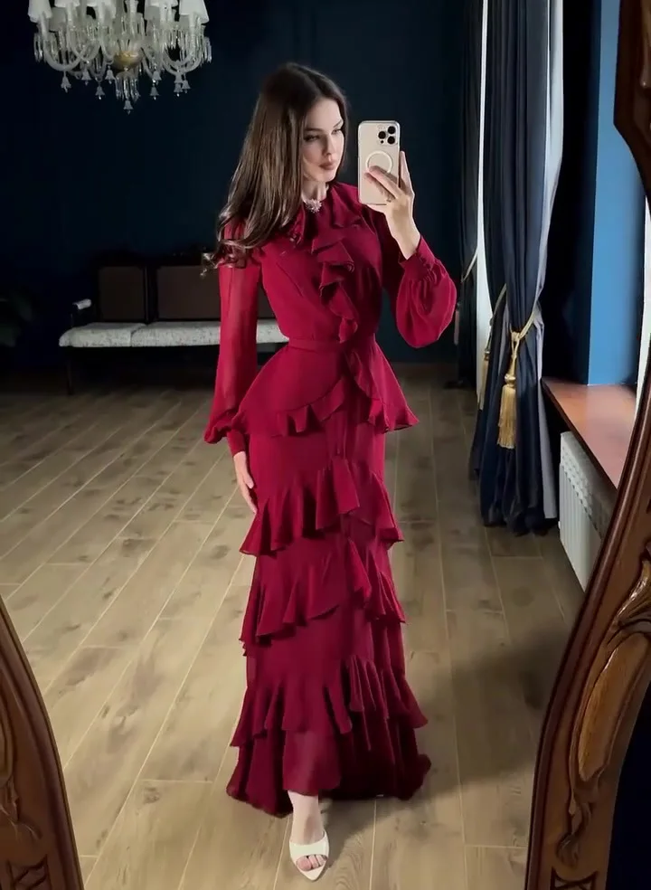 Elegant Solid Layered Ruffle Long Dress Women O Neck Long Sleeve Belt Chiffon Maxi Dress Autumn Wedding Guest Evening Party Robe