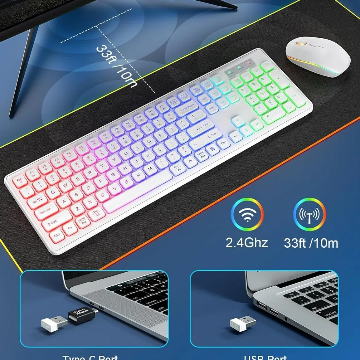 Wireless Keyboard and Mouse Combo RGB Backlit, Rechargeable Light Up Letters, Full-Size, Ergonomic, Sleep Mode, 2.4GHz