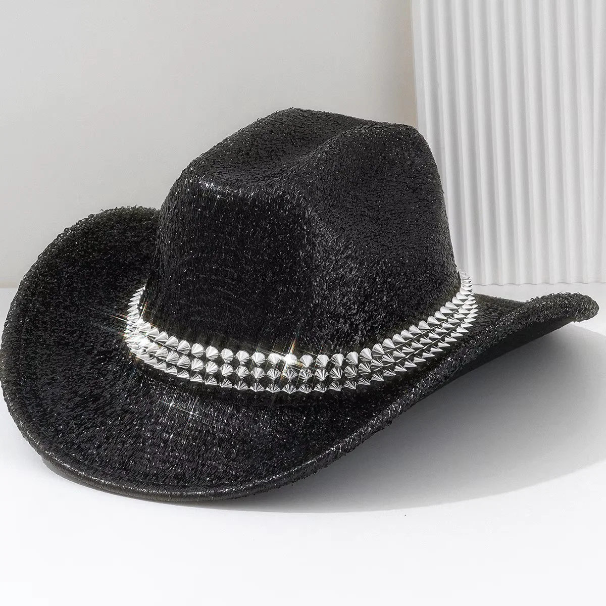 หมวกฮองหลวนสีดำสไตล์สตีมพังก์ประดับกลิตเตอร์สำหรับผู้ใหญ่ หมวกคาวบอยสำหรับผู้หญิง อุปกรณ์คอสเพลย์คาวบอยหญิง และหมวกคาวเกิร์ล